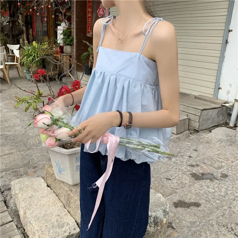 Blue Camisoles Women Backless Fresh Basic Sleeveless Tees Bandage Summer Camis Girls Ulzzang Tank Tops Fashion All-match Mujer