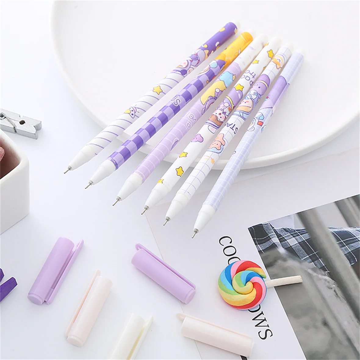 15PCS Cartoon Purple Planet Pull Hat Neutral Pen Black Ink Cute 0.5 Needle Signature Pen School Supplies Office Stationery Gift