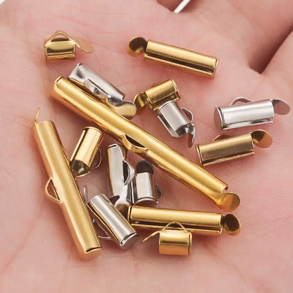 20pcs Stainless Steel Gold Plated Crimp End Beads Slide Chain Clasp Tube Slider Connector for DIY Bracelet Crafts Jewelry Making