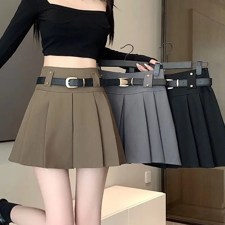 

Grey Suit Half Skirt for Women in Spring and Summer College Style High Waisted Slim and Pleated Anti Glare A-line Short Skirt