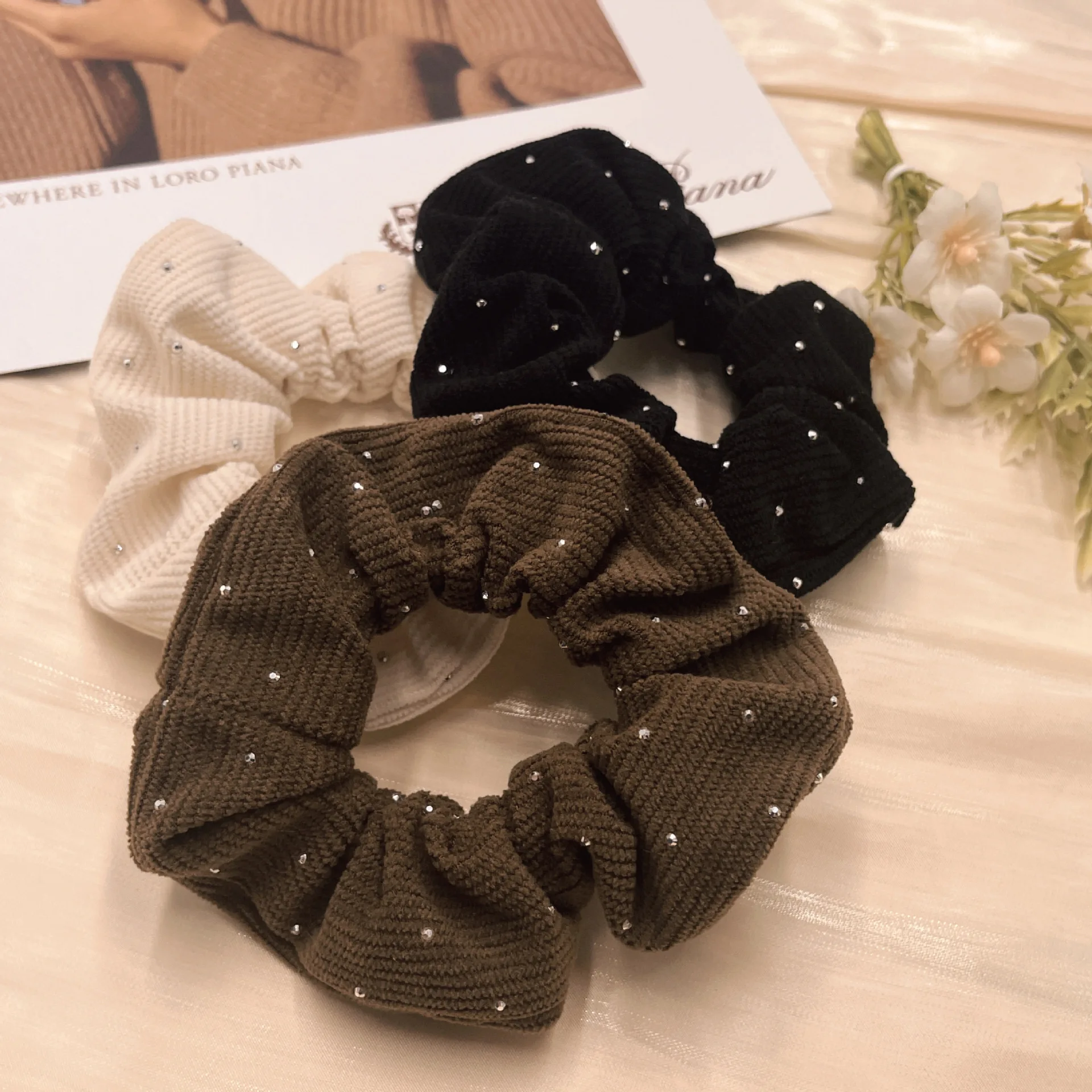 French Dot Diamond Knitted Wool Scrunchies Simple White Large Elastic Hair Bands Women Girls Hair Ties Ropes Ponytail Holder