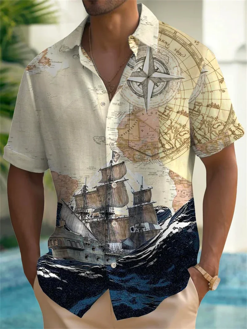 Summer Friday 3D printing classic retro sailboat quick drying breathable sports men's plus size short sleeved shirt