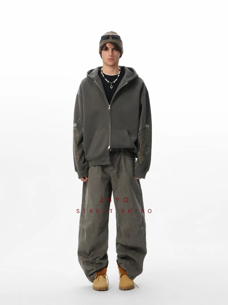 سويت شيرت بقلنسوة برشام عالي التحمل من American Retro Fashion Trend فضفاض كاجوال للخريف والشتاء سترة صوفية أنيقة للرجال