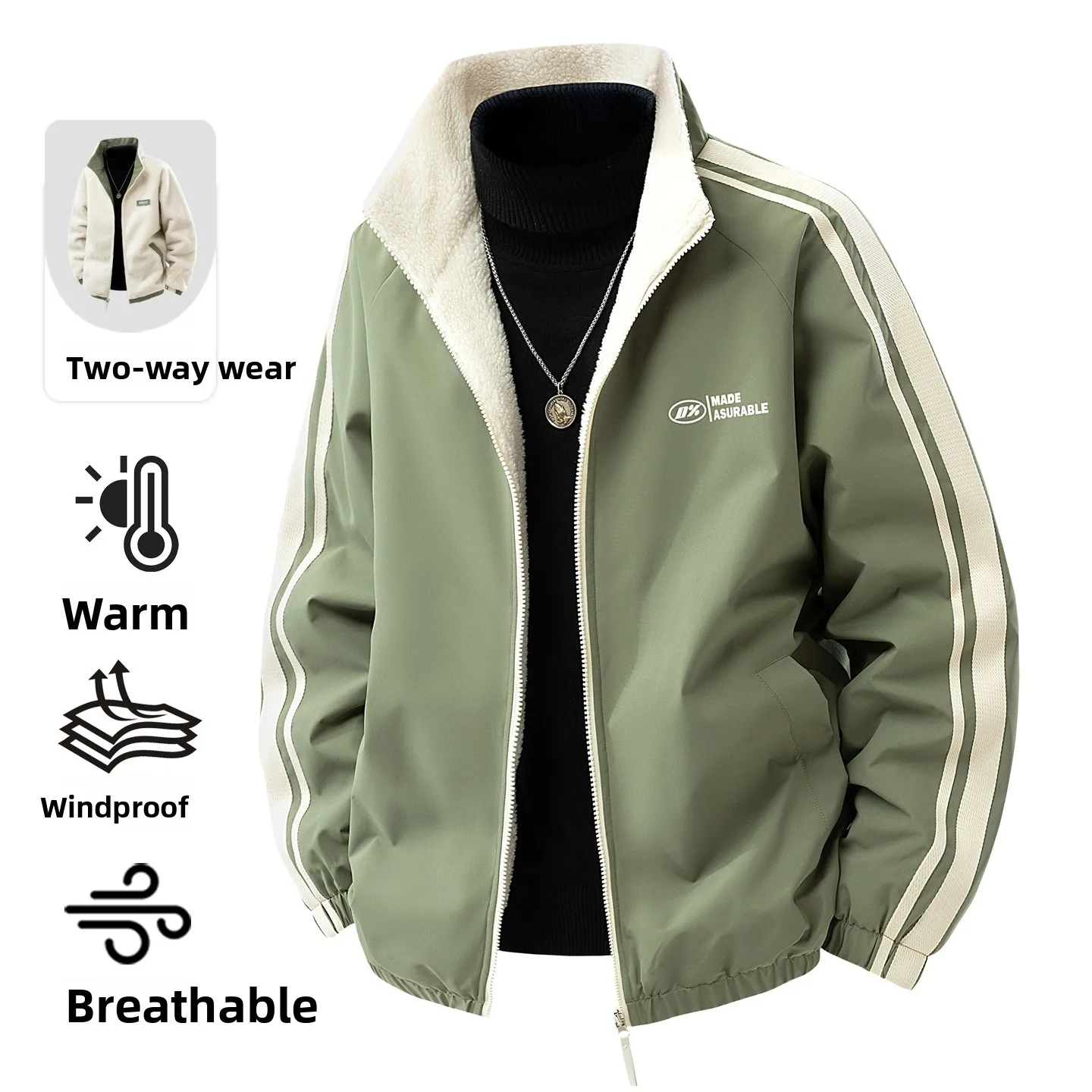 

Double-Sided Wear Outdoor Jaet Lamb Velvet Stand Collar Men's Windproof Faionable Casual Long Sve Polyester Fiber