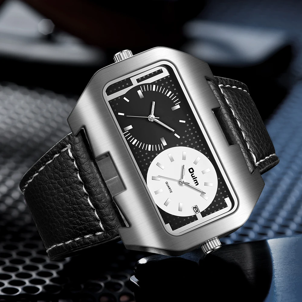 Oulm موضة جديدة تريند كول ساعة رجالي ضوء الليل التقويم وظيفة المنطقة الزمنية المزدوجة مستطيلة كبيرة الطلب ساعة كوارتز reloj