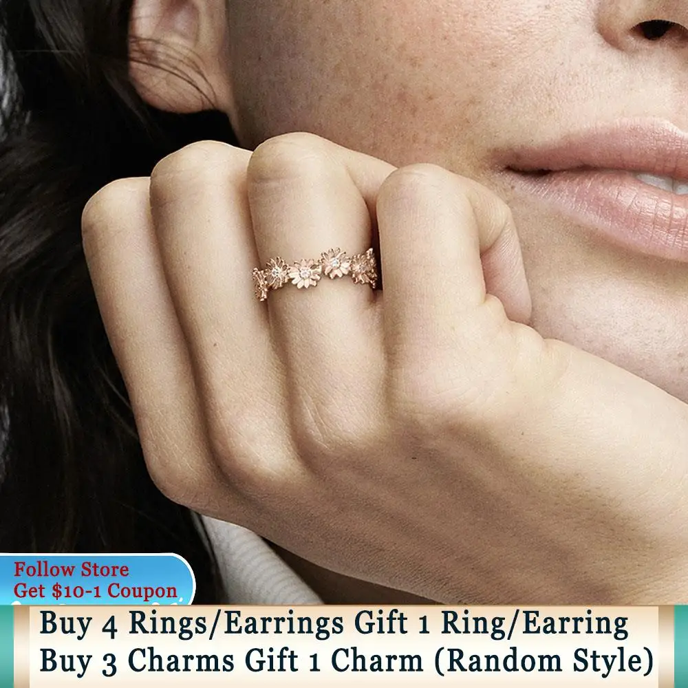 Ahthen 925 Sterling Silver Ring Sparkling Geometric Crown Flower Petals Band Sparkling Daisy Flower Rings 925 Silver Women Rings