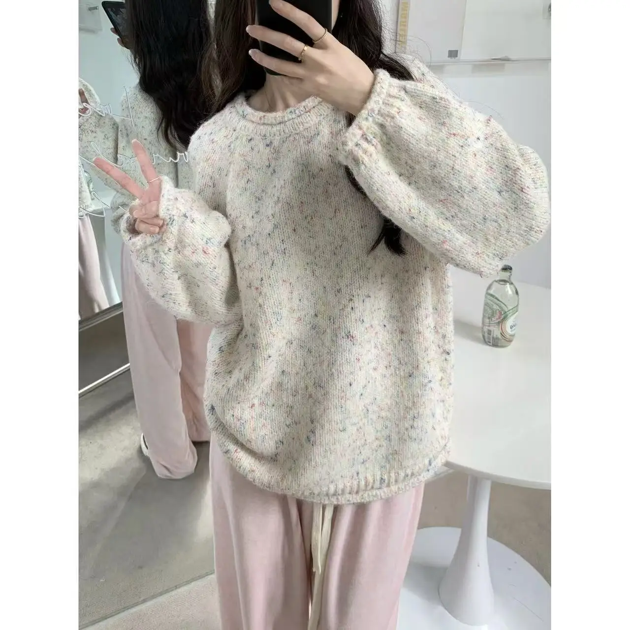 

New Sweater Color Retro Knitted Sweater Curled Edge 2025 Autumn/Winter New Top Lazy Loose Round Neck