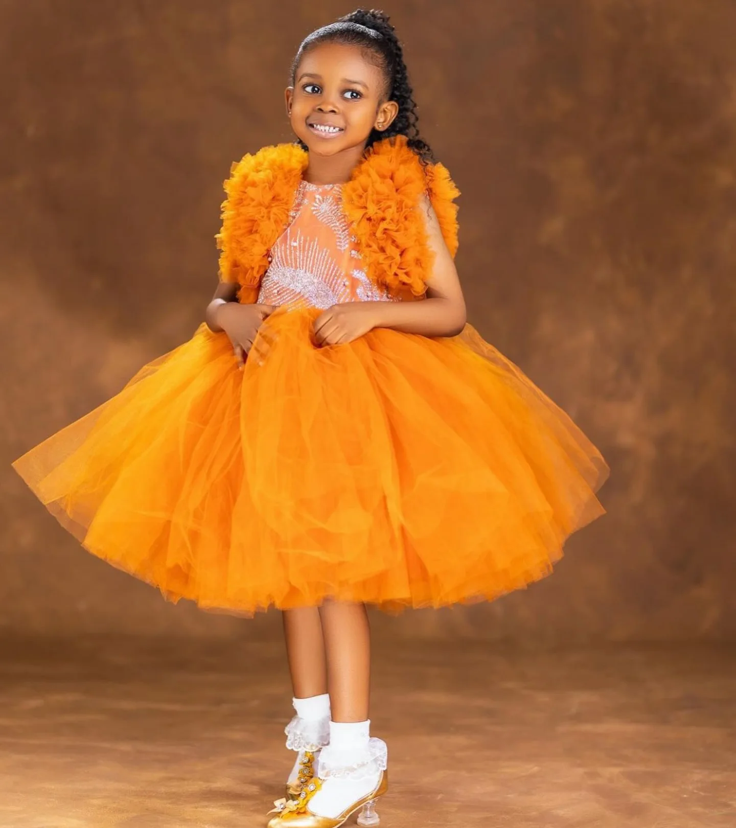 Vestidos de menina de flor laranja para casamento babados lantejoulas na altura do joelho princesa menina crianças festa aniversário primeira comunhão vestido