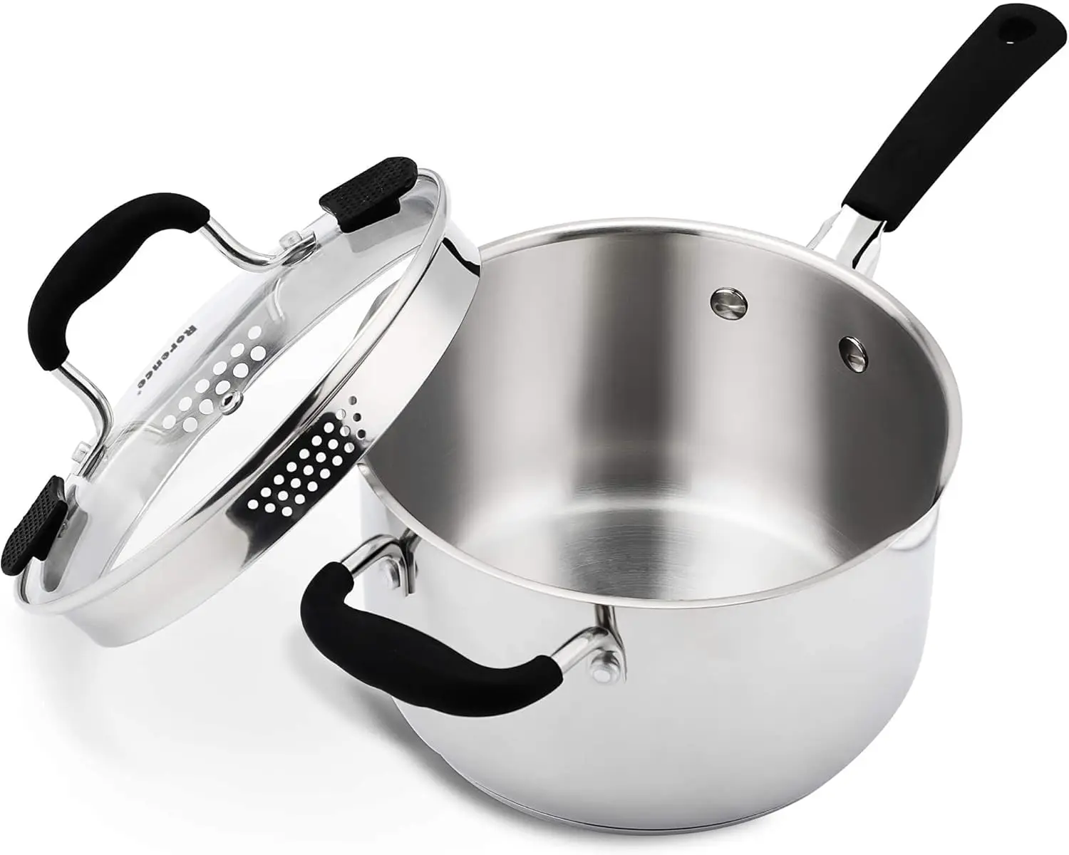 

3.7 Quart Stainless Steel Saucepan with Glass Lid, Built-in Strainer & Silicone Handles for All Cooktops