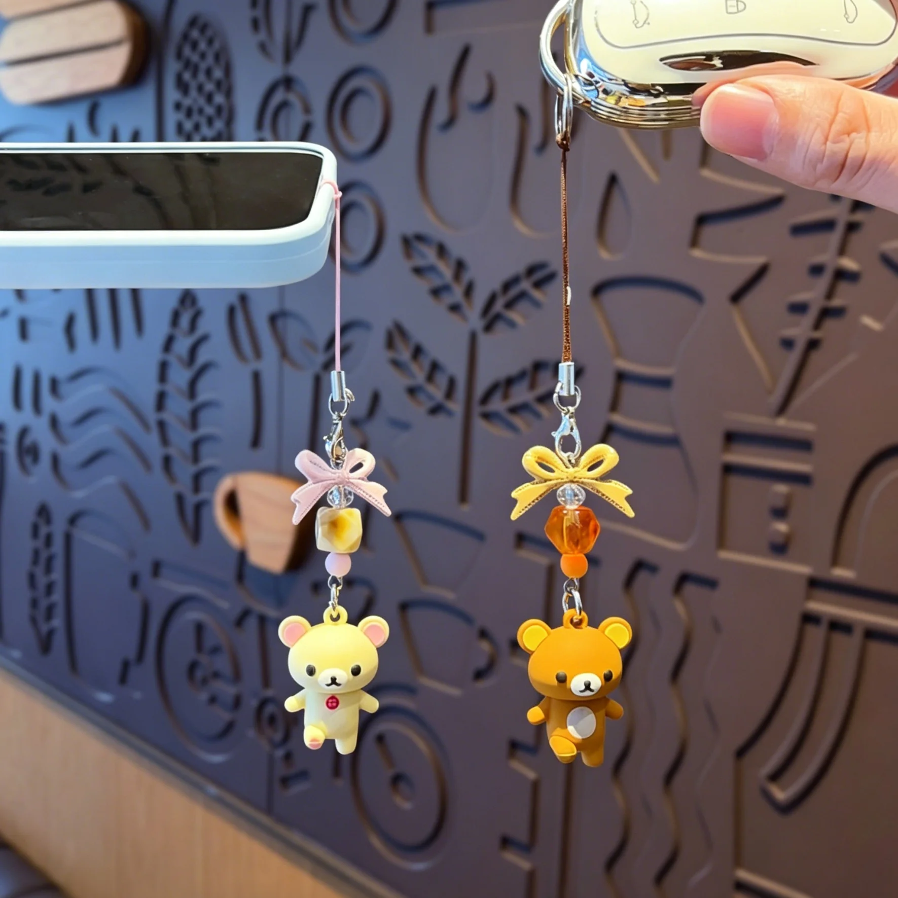 Cute Rilakkuma Korilakkuma Keychain Bowknot Beading Pendant Cartoon Car Keyring Phone Case Anti Lost Rope Pendant Gift for Women