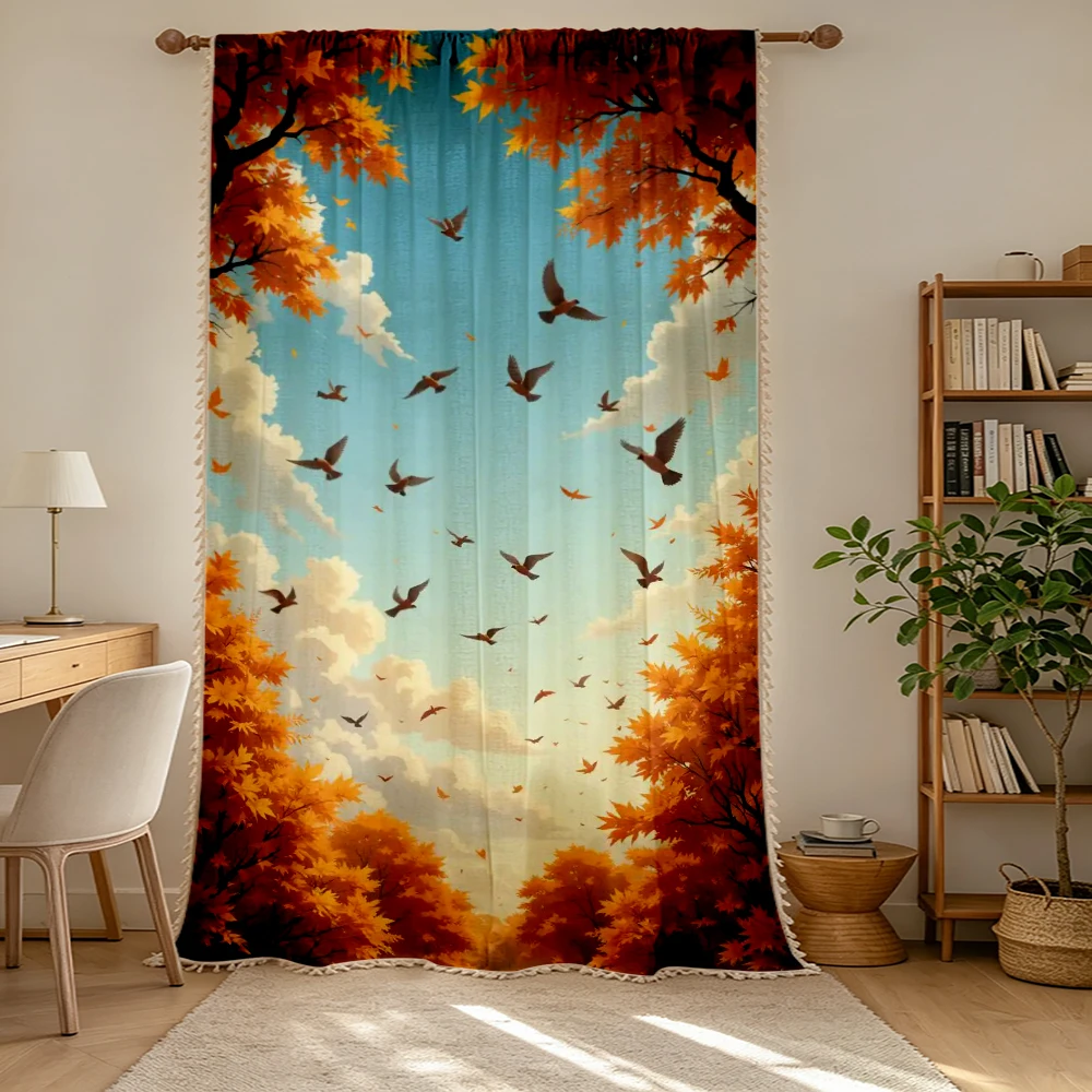 1PC Autumn Tassel Sheer Curtains, Maple Forest Flying Birds Sky, Digital Print, Linen Polyester, Living Room Bedroom Decor