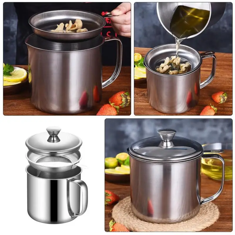 Stainless Steel Oil Filter Pot Fine Mesh Strainer Kitchen Container For Frying Oil Storage Reuse Home Use