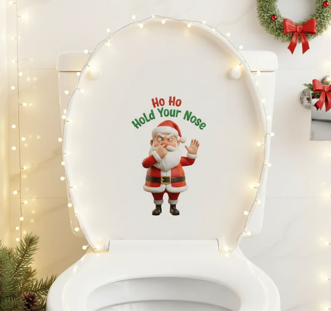 ملصق تواليت ذاتي اللصق "Ho Ho Hold Your Nose" - مقاوم للماء، فن عيد الميلاد المؤنس، سهل الاستخدام/إزالة ديكور الحمام