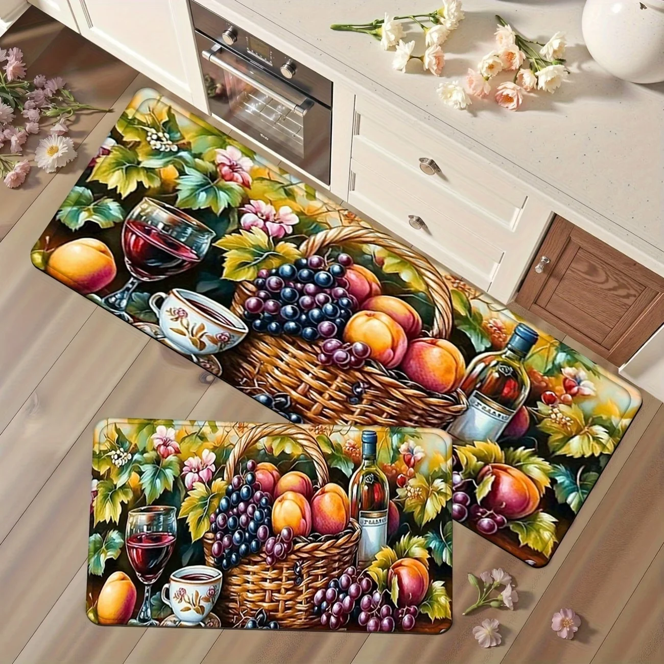 Autumn Harvest Fruit Red Wine Kitchen Carpet Home Decorative Carpet, Flannel Material Non-slip Soft Comfortable Easy To Clean