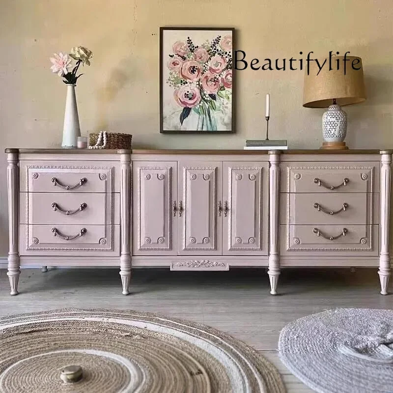 

DA французский шкаф для телевизора из цельного дерева, вилла, гостиная, шкаф для хранения контрастного цвета, ретро резной боковой шкаф для хранения