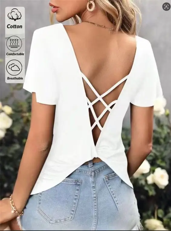 Summer Women's Solid Color V-Neck Cross Back Exposed Slim Short Sleeve T-Shirt Subtle Top Base Shirt