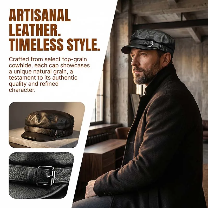 Autumn Real Cow Leather Retro Visor Hat For Men British Style Top Grade Newsboy Cap Street Fashion Soft Touch Bucket Women Hat