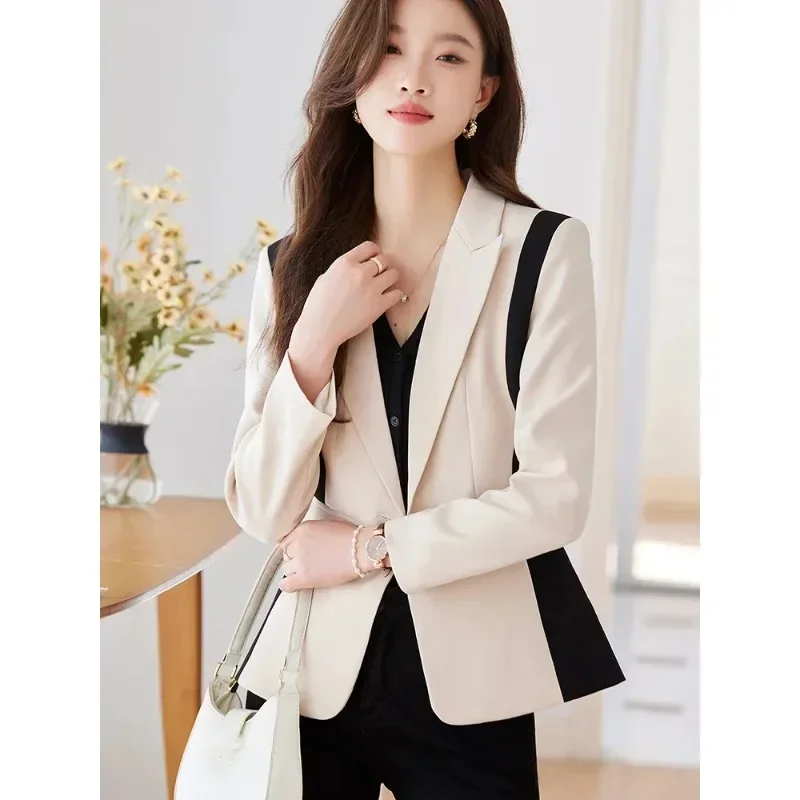 Fashion Autumn Winter Women Blazer Coat Female Khaki Apricot Striped Long Sleeve Office Ladies Business Work Wear Jacket