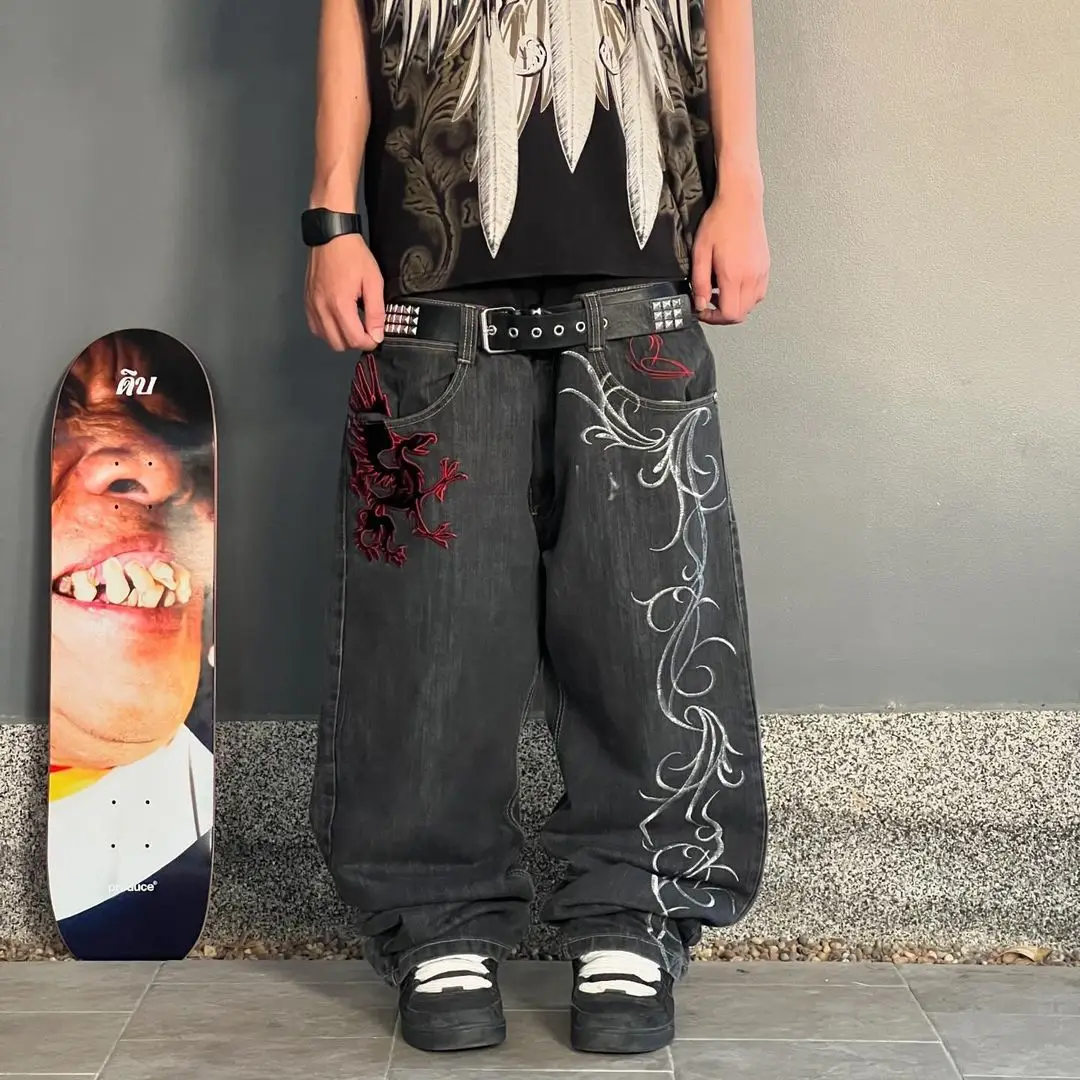 American retro jeans trousers dark goth skull print jeans loose personality wide leg trousers trendy street wear