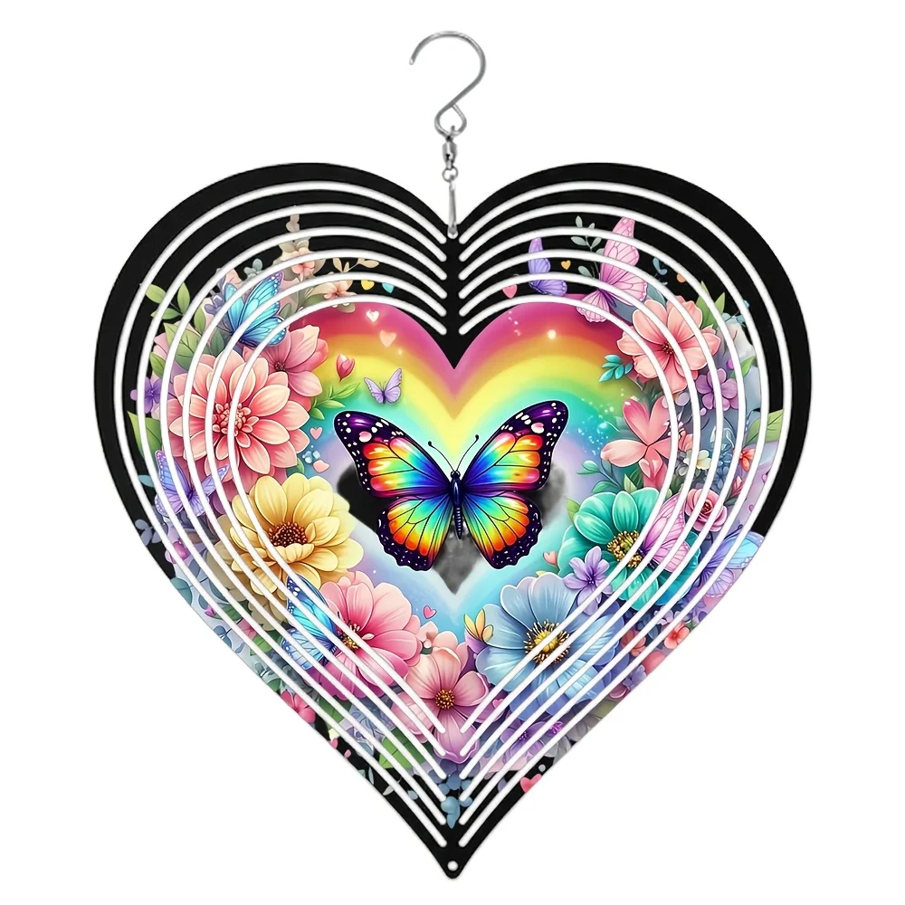 Wind Chime Rainbow Wreath Heart-shaped Hanging Ornament, Adorned with Colorful Butterflies, Makes a Sweet Gift for a Dear Friend