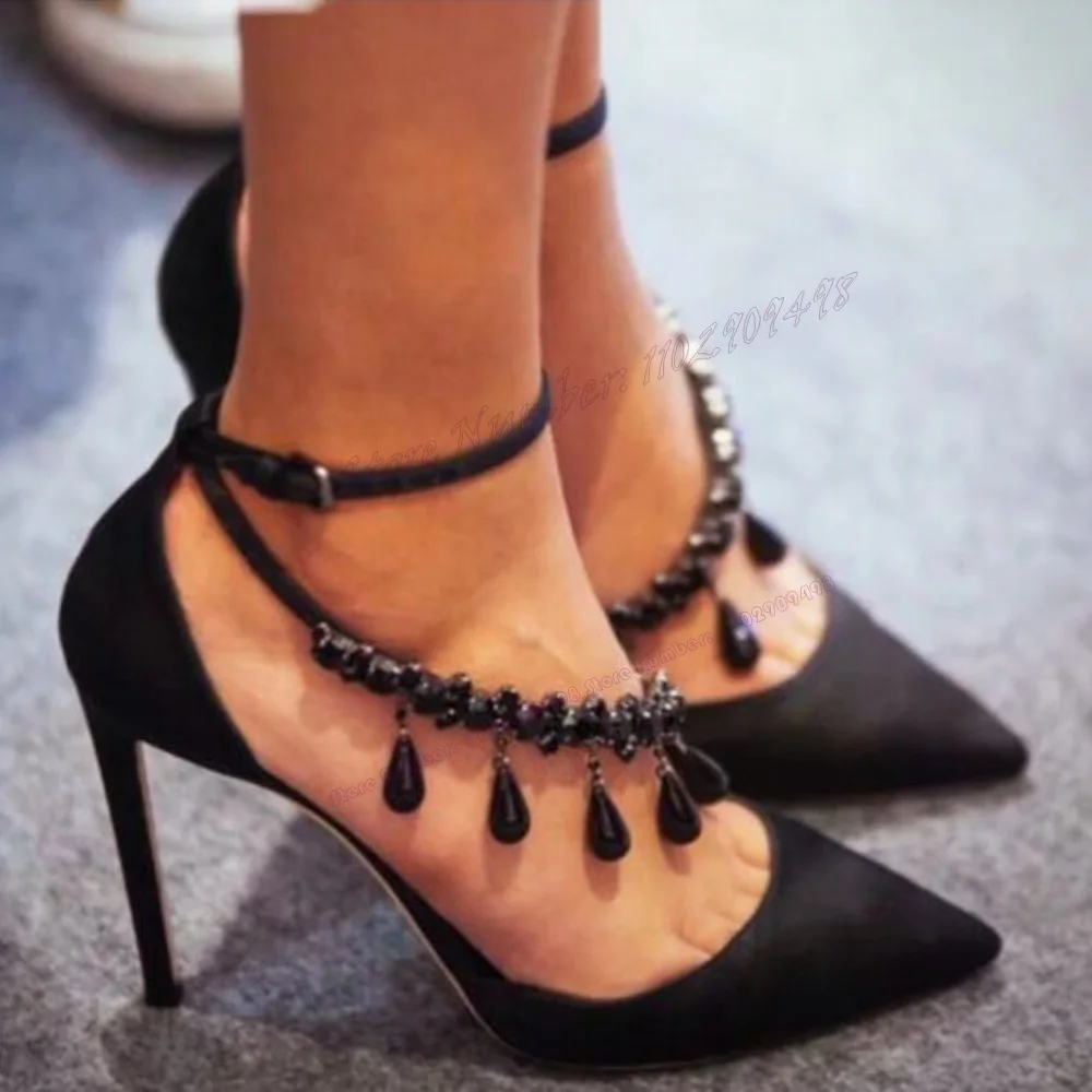 

Black Satin Crystal Back Strap Pumps Shallow Pointed Toe Shoes for Women Thin High Heels Party Shoes 2025 Zapatos Para Mujere