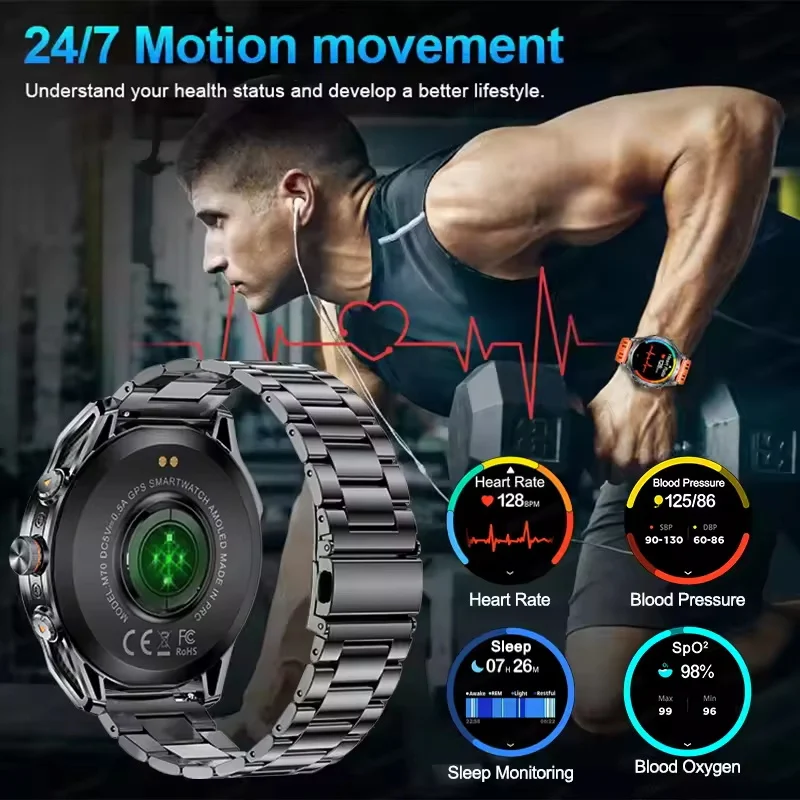 2025 New GPS SmartWatch 1000Mah Battery Compass 10ATM Waterproof Tactics Sport Flashlight BT call Smart Watch For Men For xioami