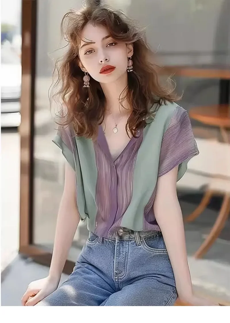 เสื้อวินเทจของผู้หญิงเสื้อเกาหลีแฟชั่นคอวีหลวมฤดูใบไม้ผลิ/ฤดูร้อนเสื้อผ้าเย็บปะติดปะต่อกันแขนสั้นผู้หญิงท็อปส์