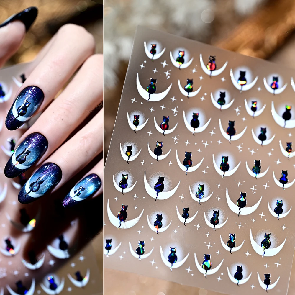 1/2PCS 5D Zwarte Kat Op de Maan Nail Art Sticker Leuke Cartoon Aurora Kleur Kitten Crescent Moon Starburst nail Decal NailSlider #