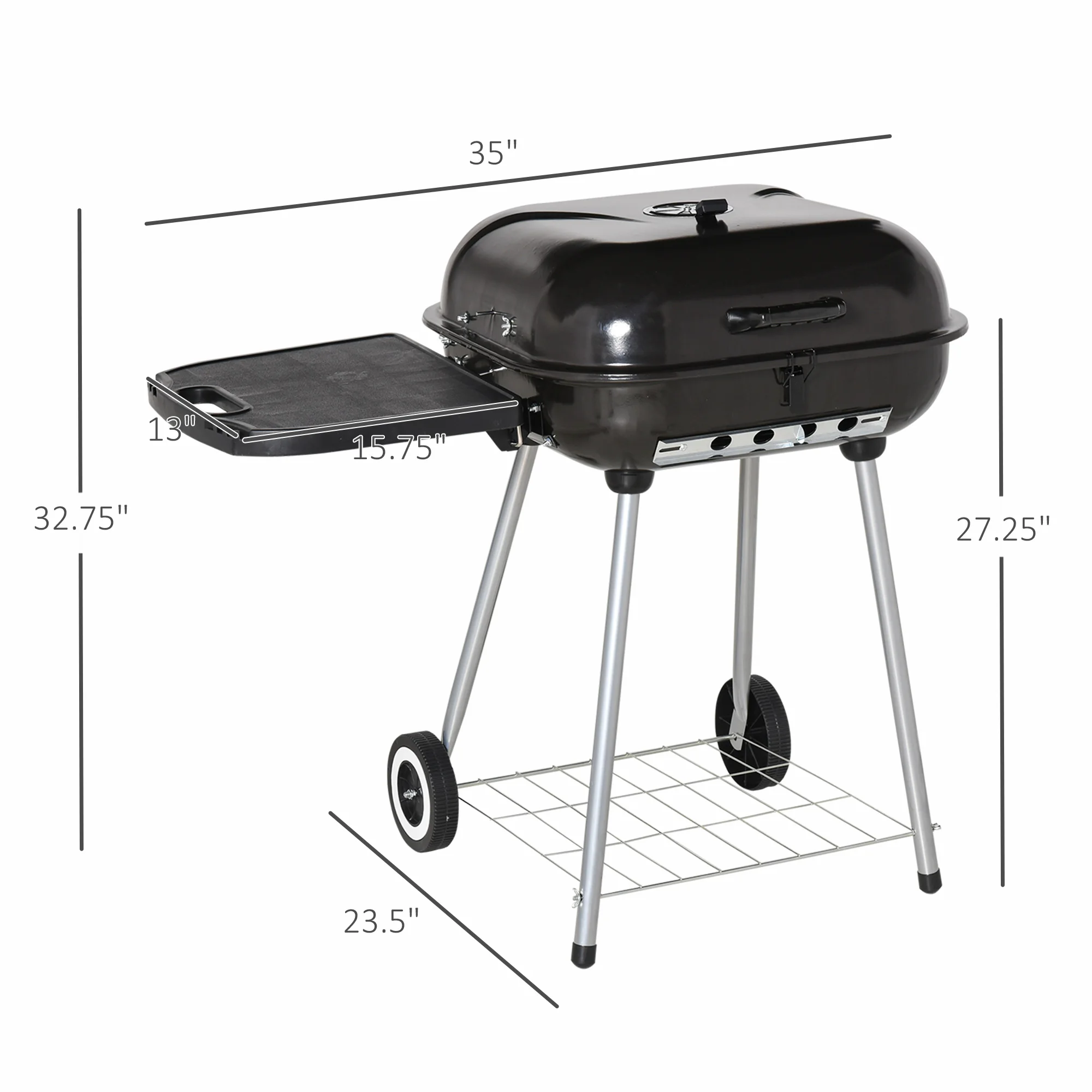 

Charcoal BBQ Grill 22 Inch Portable with Wheels Side Tray Bottom Shelf Warming Rack Outdoor Camping Backyard Black
