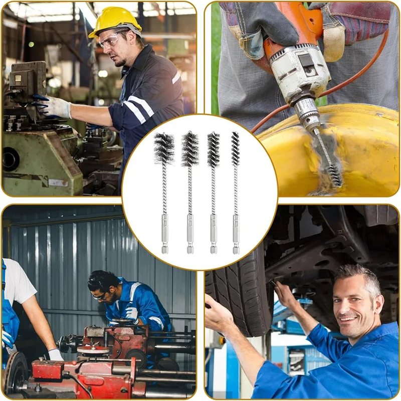 

T98C-4 Pcs Wire Brushes For Drill Stainless Steel Bore Brush Set 3/8In 1/2In 3/4In 7/8In For Drill Ports Tubes Bearings