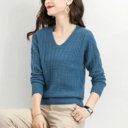 Korean Fashion Autumn Sweaters Women's V-Neck Solid Jacquard Weave Temperamen Elegant Long Sleeve Loose Pullovers Knitted Tops