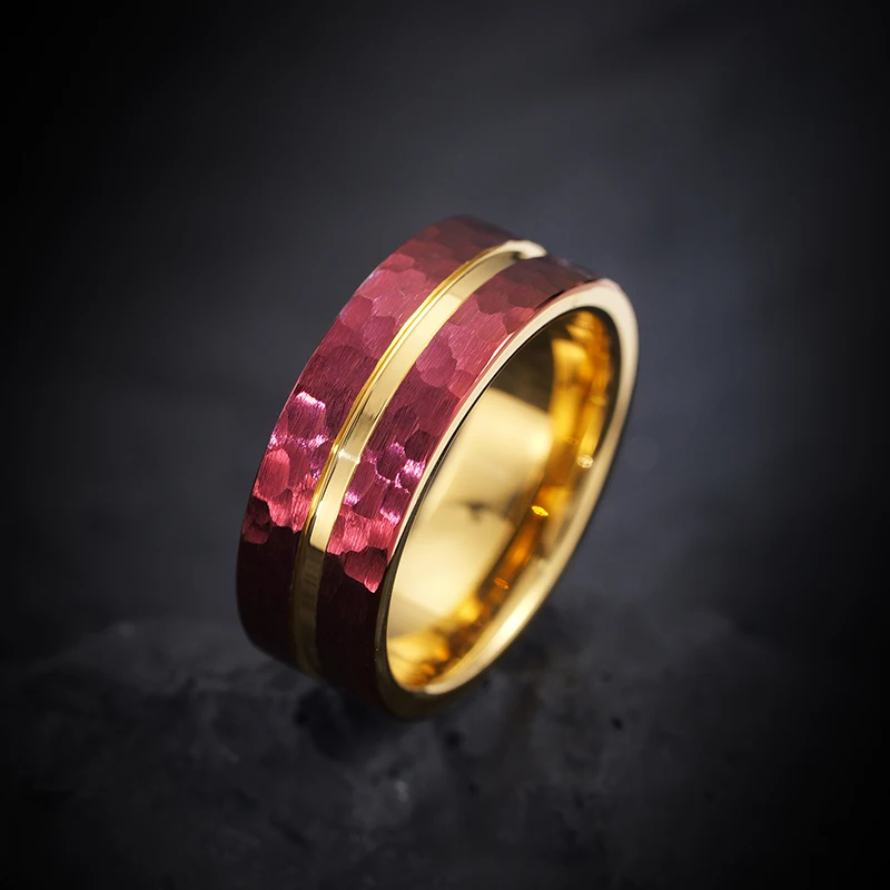 

Saya Men's Tungsten Ring 8mm Width Red Plated Hammered Texture Fashion Trendy Ring Free Engraving Service for Men Jewelry