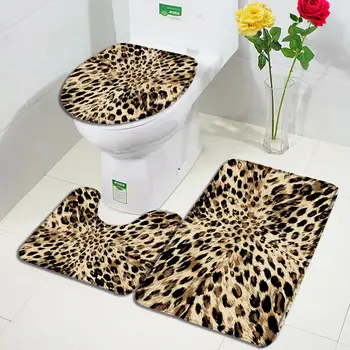 時尚動物毛皮浴室墊套裝,棕色豹紋圖案,現代家居浴室裝飾,防滑地毯,U型墊,馬桶墊 6 最佳銷售 浴室墊 - №4