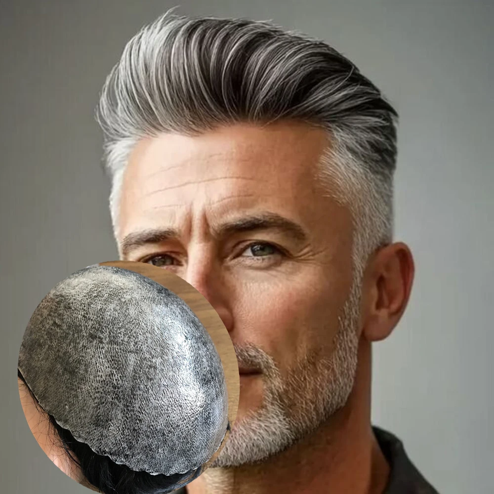 

Grey Men's Super Natural Hairline Thin Skin 0.1mm PU Durable Hairpieces 1B50 1B30 Brown #6 #4 Human Hair System Injected Toupee