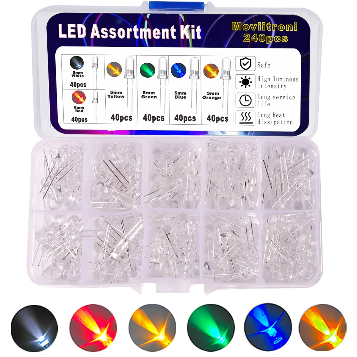 240-teiliges Sortiment an LED-Diodenlichtern, 3 mm/5 mm, transparent, lichtemittierend, weiß, grün, rot, blau, gelb, orange