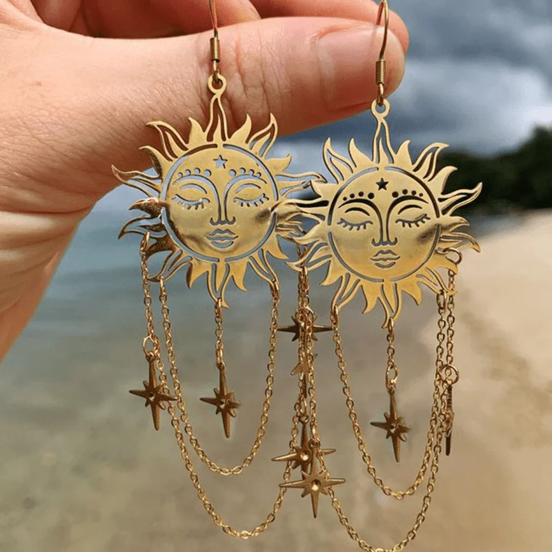 1 Pair Fashionable Sun Shining Star Tassel Chain Bohemian Earrings for Women's Holidays Daily Parties Birthday Gifts