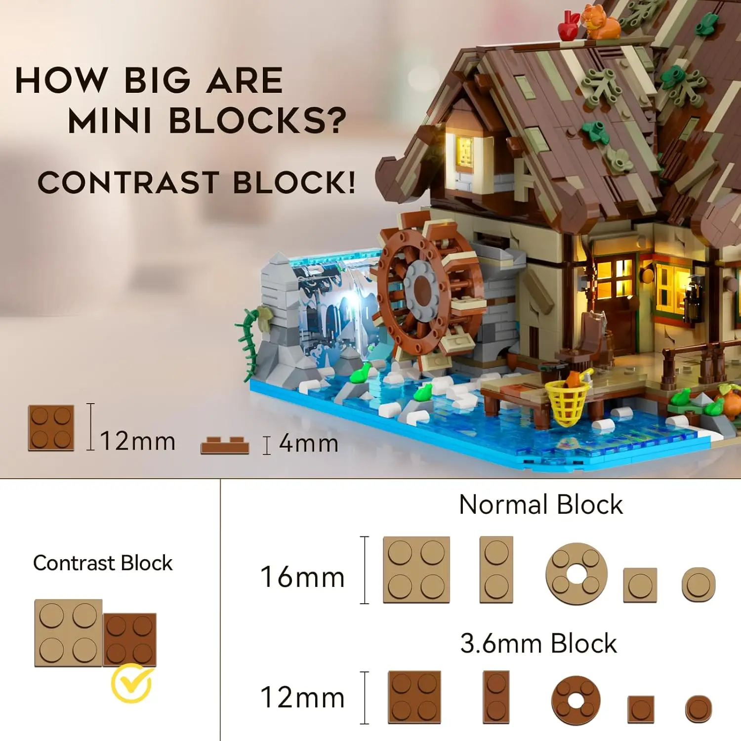 Mini Wood Cabin Building Block com luz LED, Forest House Toy, Waterwheel Pond, Animais, Big H, 2570 Pcs