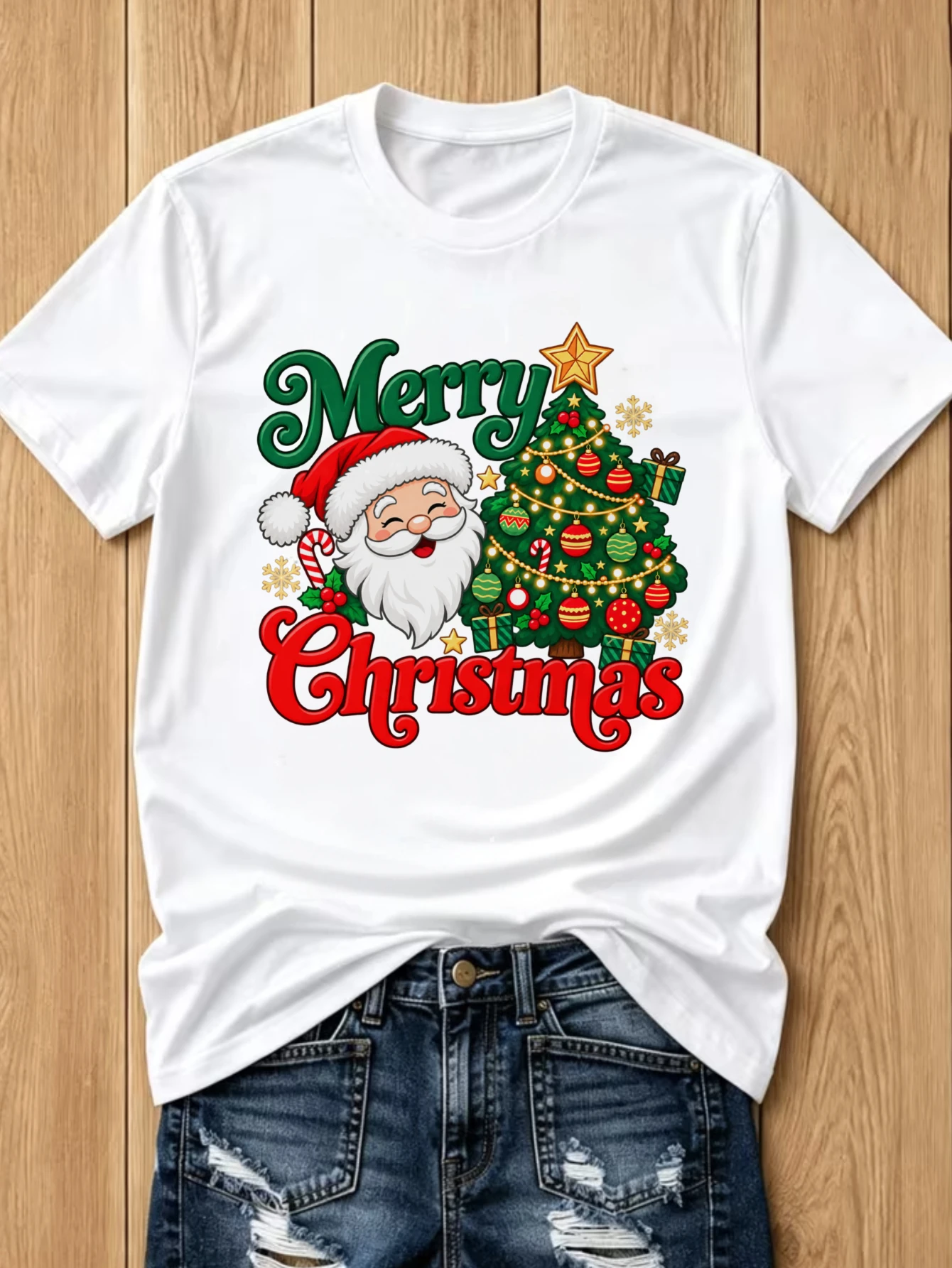 Women'S Fashion New Round-Neck Women'S All-Match Summer Autumn Casual Daily Basic Tops Merry Christmas Santa Claus Tree Pattern