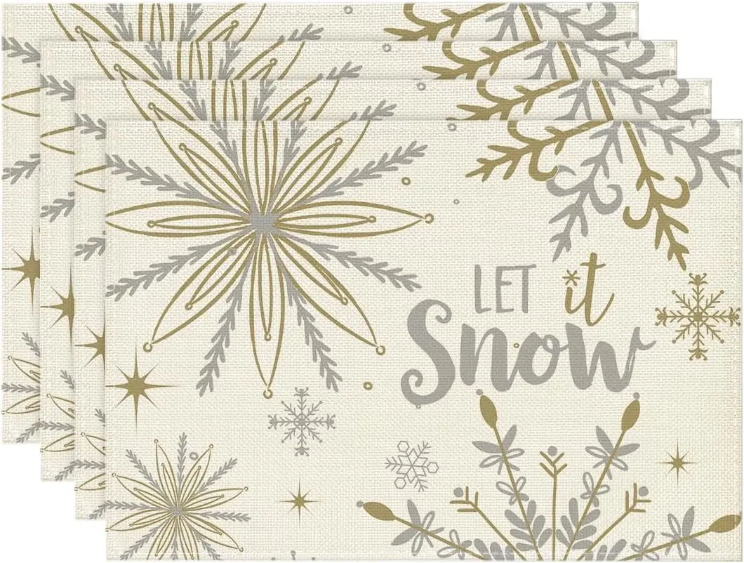 Beige Snowflake Let It Snow Winter Placemats Set of 4, 12x18 Inch Seasonal Christmas Table Mats for Party Kitchen