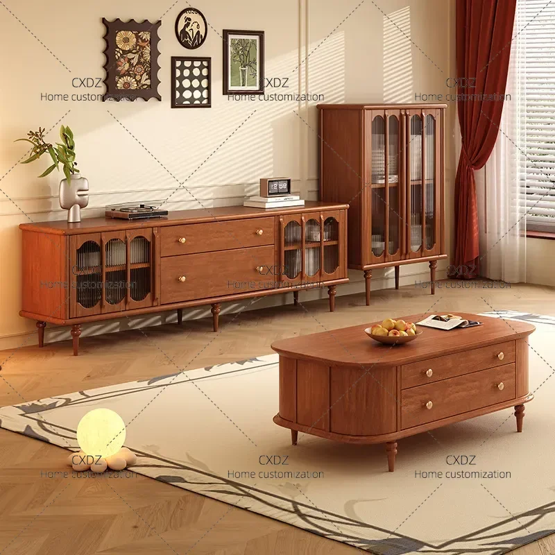 Medieval Style Glass Door Solid Wood Audio Visual Cabinet Living Room Wall Storage TV Cabinet Side Cabinet Combination