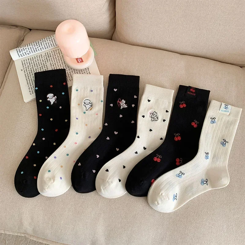 Multicolor Polka Dot Girls Kawaii Socks Cartoon Embroidery Casual Socks Fashion Streetwear Hip Hop Skateboard Sports Socks