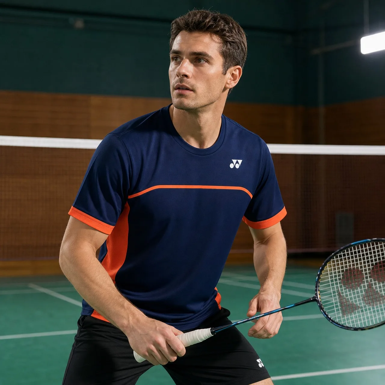 Men YONEX Quick Dry Badminton T-Shirt Contrast Orange Panel Crew Neck Short Sleeve Breathable Sports Training Gym T-Shirt