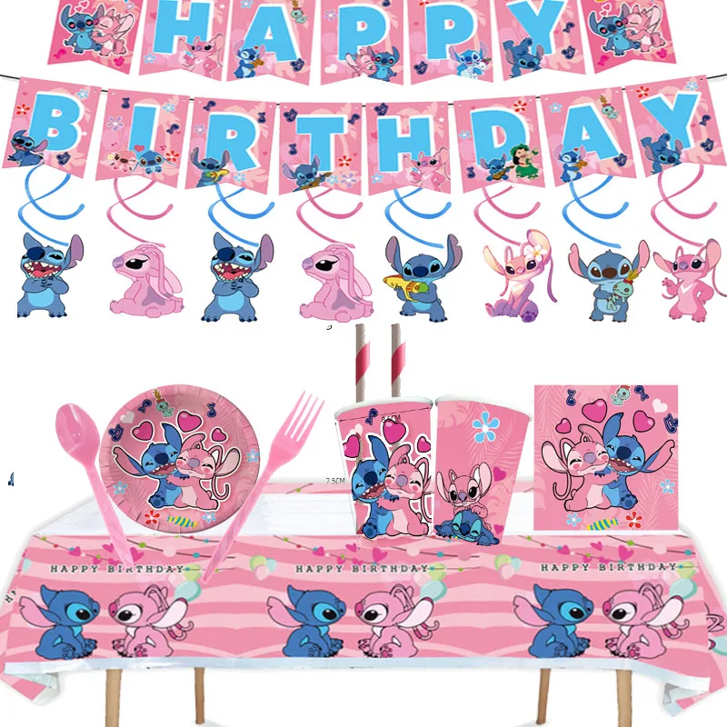 Disney Stitch Birthday Decoration Pink Stitch Theme Balloon for Kids Party Backdrop Tableware Set Baby Shower Supplies Girl Gift