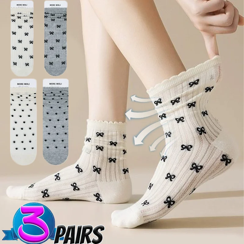 2024 New Fashion Japanese JK Calf Black White Bow Dot Lace Mid-Tube Sock for Summer Ultra-Thin Mesh Breathable Socks for Female