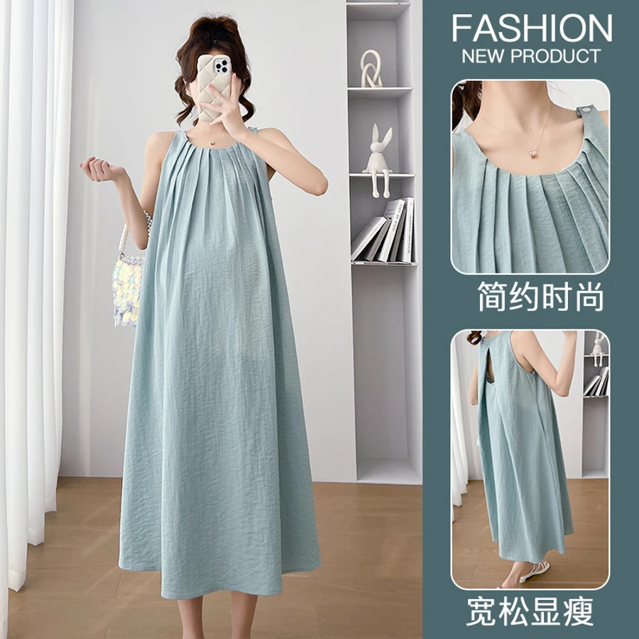 Japan and Korean Style Maternity Summer Clothes Sleeveless Pleated Sundress Solid Color Pregnancy Brief Dress