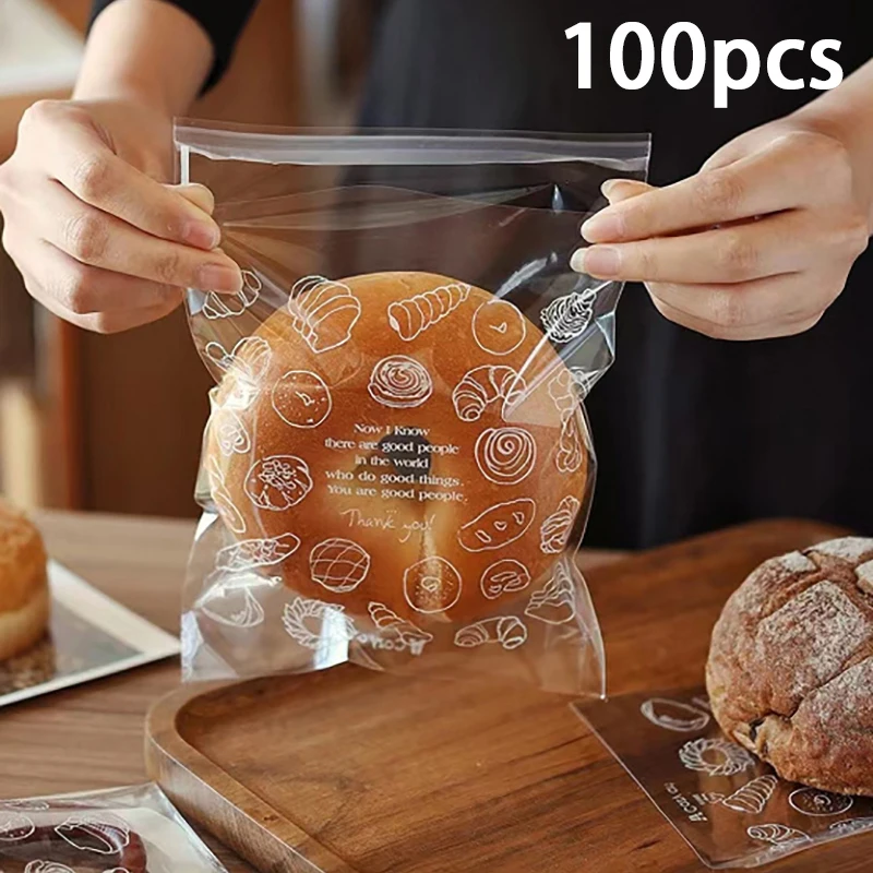 Y 100Pcs Transparent Printed Pastry Bread Self-adhesive Bag Candy Bread Gift Packaged Self-sealing Bags For Party Birthday