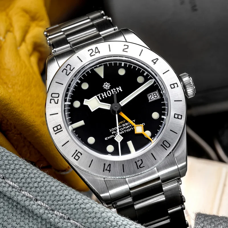THORN Men Automatic Watch 39MM GMT Mechanical Wristwatch 10Bar Waterproof C3 Luminous Sapphire Mirror NH34 Military