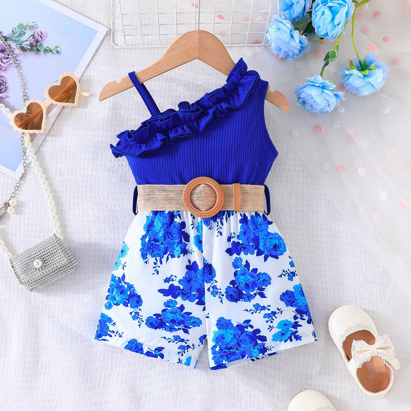 0-4Y Lovely Kids Girls Jumpsuit One Shoulder Sleeveless Ruffled Flower Print Playsuits Clothes Belted Overalls Shorts Jumpsuits