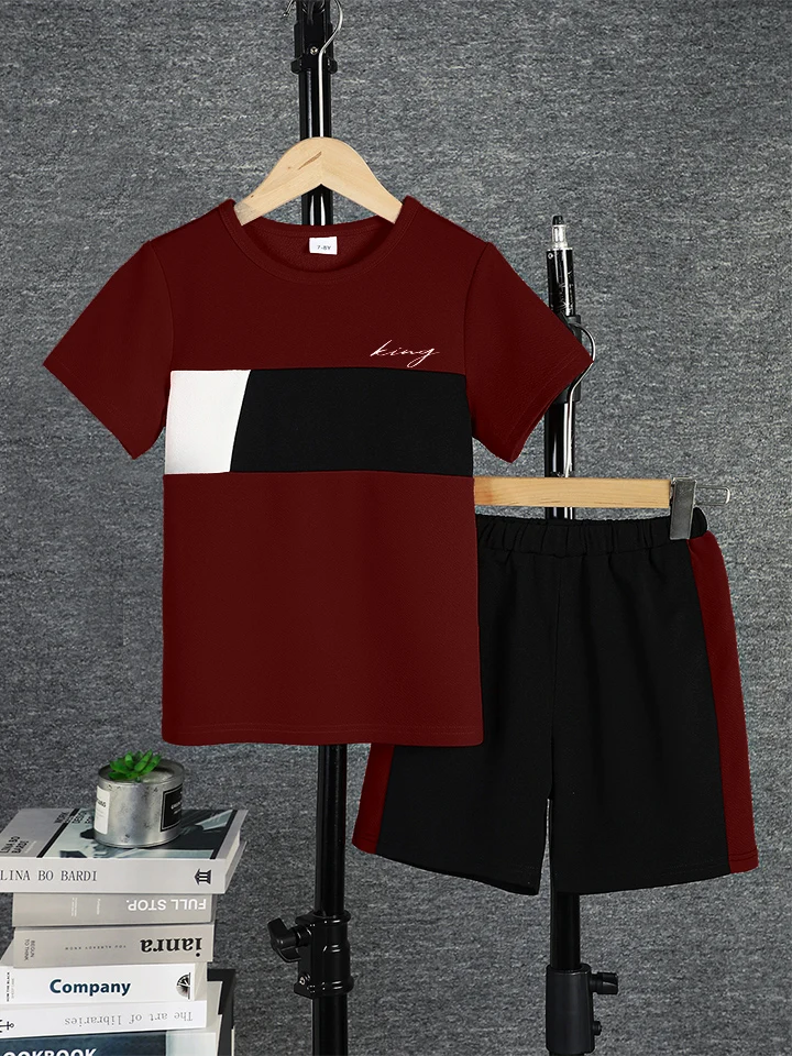 2-teiliges Set für Jungen, lässiges Outfit, Farbblock-Kurzarm-T-Shirt und Shorts, bequeme Sommer-Kinderkleidung, 8 Farben für Alter 7–15 Jahre – Detail 1