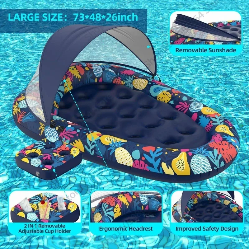 Adult Water Floating Pool Sunshade Inflatable Bed with Cup Holder Drift Lounge